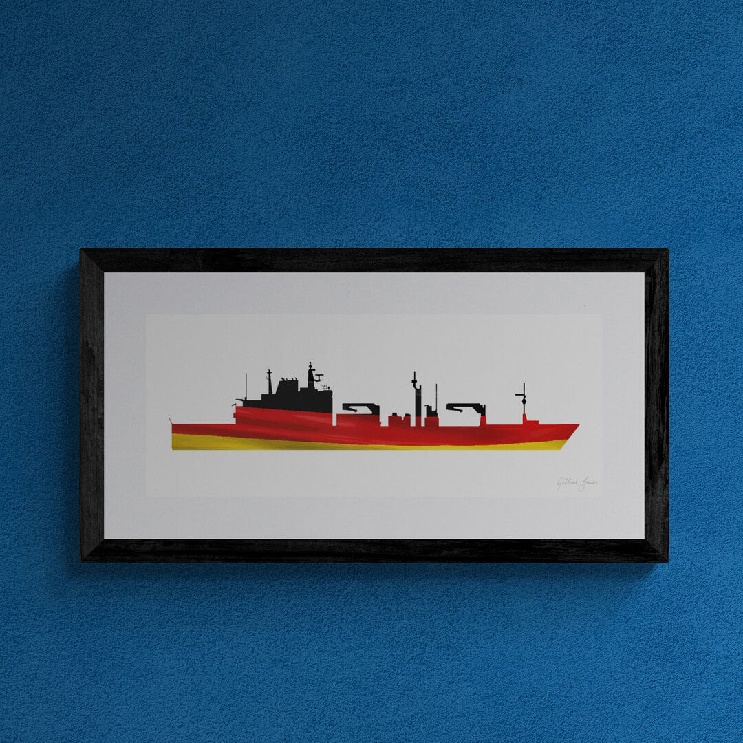 Framed print of a Berlin Class replenishment ship of the German Navy (Deutsche Marine). The design features the silhouette of the ship filled with the German Flag. The print is mounted in white and framed in black.