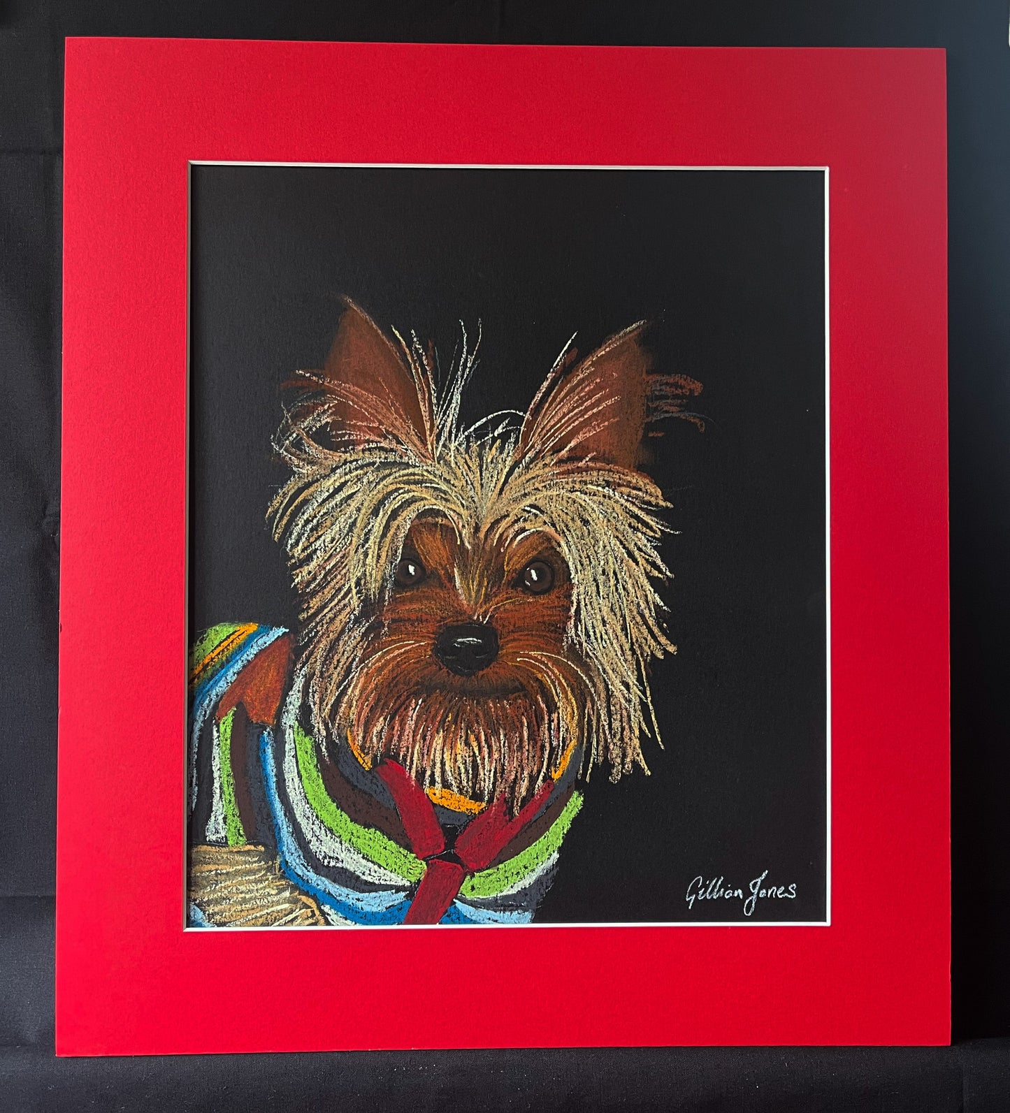 Yorkie in a Stripy Jumper Pastel Drawing