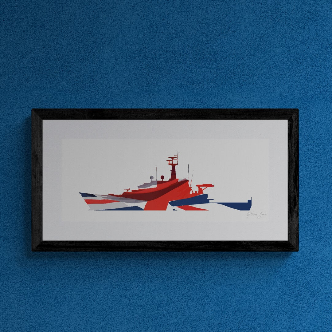 Framed artwork of a Batch 1 River Class Offshore Patrol Vessel with a Union Flag silhouette on a blue wall.