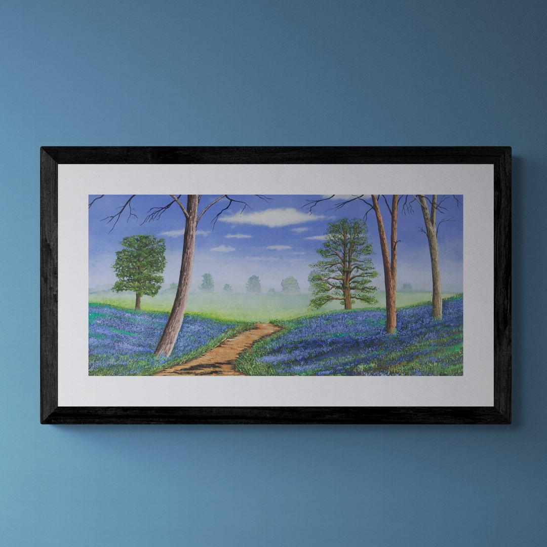 A picture by Jim Simpson called A Carpet of Bluebells in a black frame