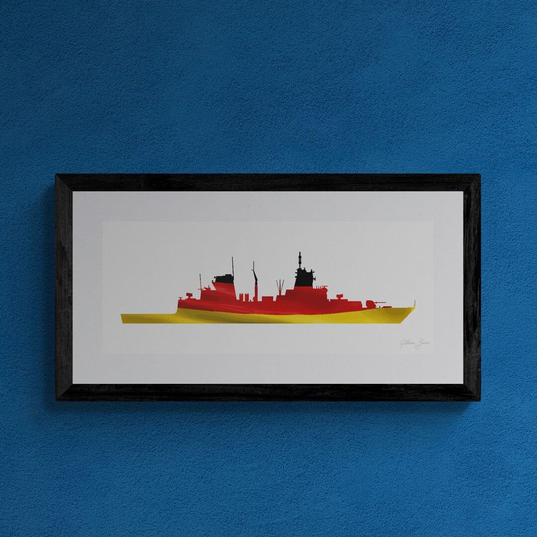 A framed print of a Baden Wurttemberg Class ship of the German Navy (Deutsche Marine). The outline of the ship is filled with a design based on the German Flag. The print is mounted in white and framed in black.