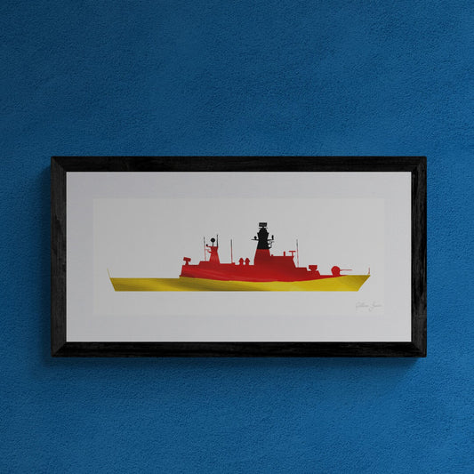 Framed print of a Braunschweig Class corvette of the German Navy (Deutsche Marine). The design features the silhouette of the ship filled with the German Flag. The print is mounted in white and framed in black.
