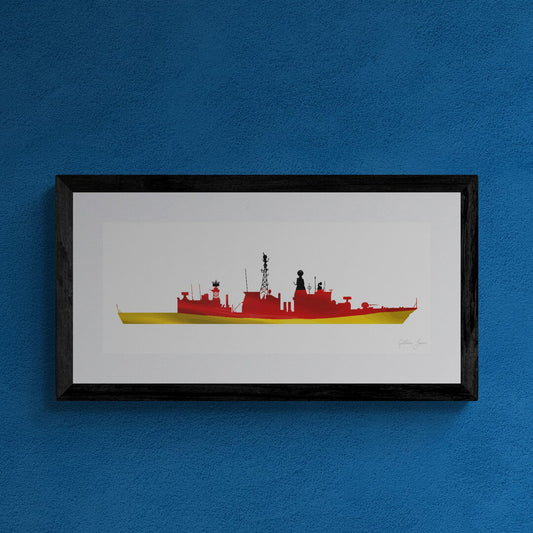 Framed print of a Bremen Class Frigate of the German Navy (Deutsche Marine). The design features the silhouette of the ship filled with the German Flag. The print is mounted in white and framed in black.
