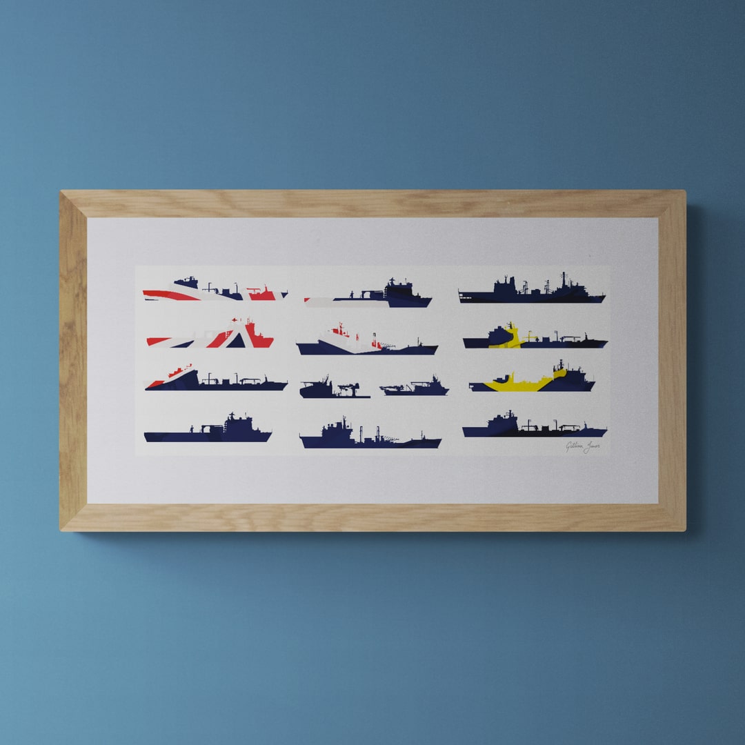 A picture of he RFA fleet with a flag background, framed on a blue wall.