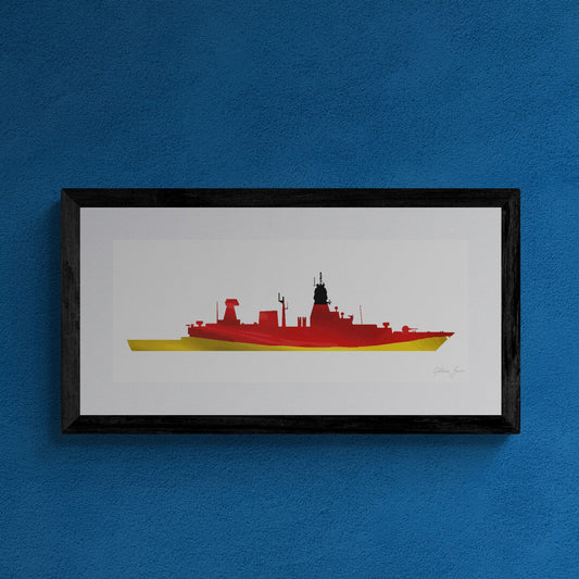 Framed print of a Sachsen Class Frigate of the German Navy (Deutsche Marine). The design features the silhouette of the ship filled with the German Flag. The print is mounted in white and framed in black.