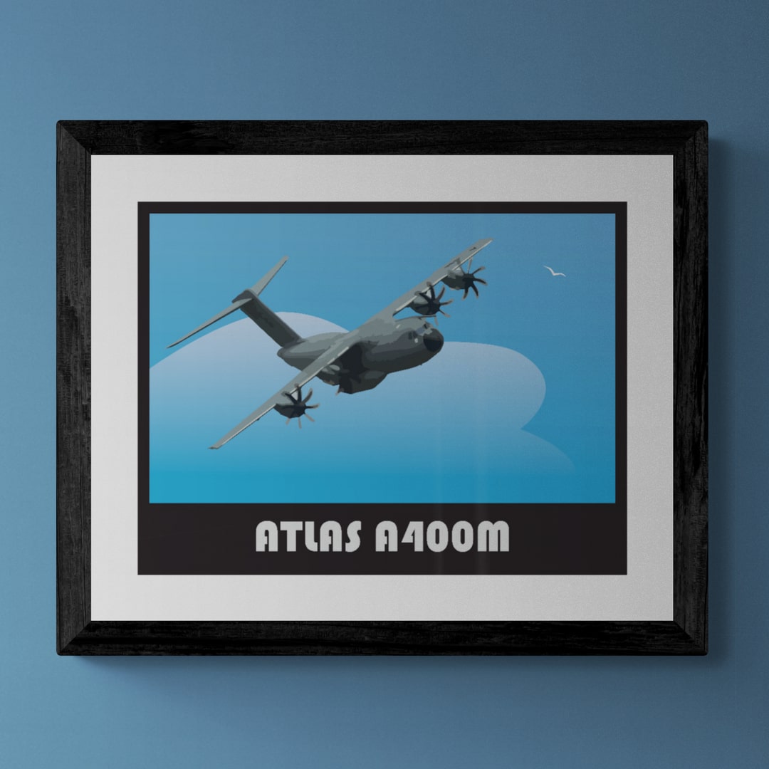 A400M Aircraft Retro Print by Gillian Jones in a black frame