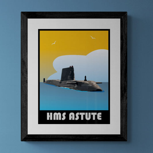 Astute Class Retro print by Gillian Jones. Royal Navy submarine.
